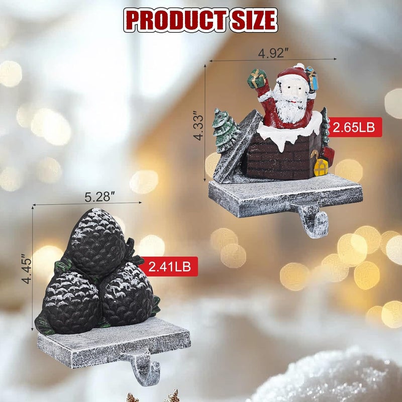 IGOHEALS Stocking Holders for Mantle – 3D Christmas Stocking Holder Heavy Duty Cast Iron Garland Hangers for Mantel with Non-Slip Base | Xmas Decor, Sturdy Fireplaces Hook (Pine Cone and Santa) - Image 3